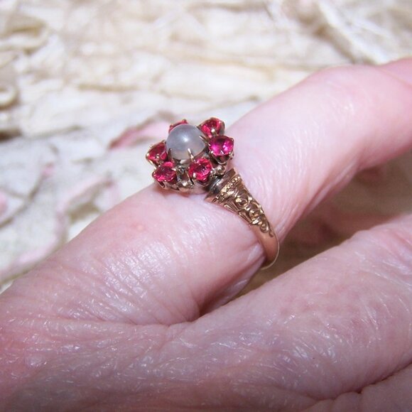 Antique Victorian 14K Gold Moonstone Pink Quartz Engagement Ring - Size 5 - Picture 4 of 12